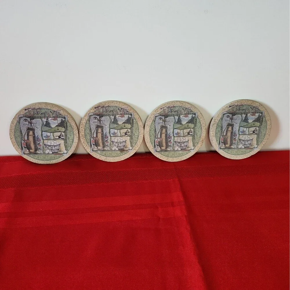 4 Vintage Thirstystone Absorbent Sandstone Coasters Cork Backing Tee Off Golf